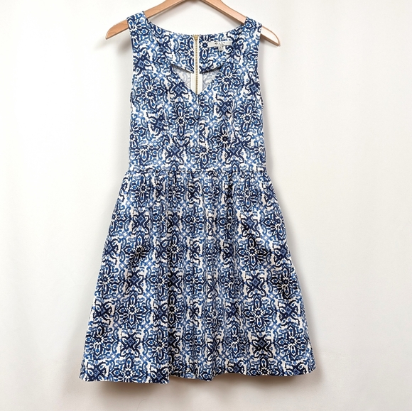 Milly Banvin Fit & Flare Mini Dress Mediterranean Floral Tile Print Blue Combo 8 - Picture 8 of 12